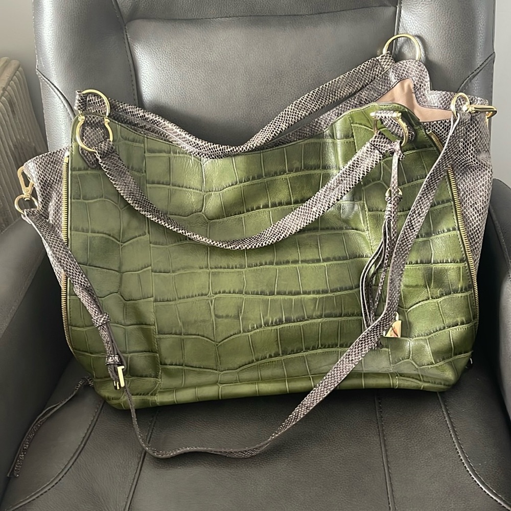 Genuine Leather Croc embossed green/grey Hobo bag